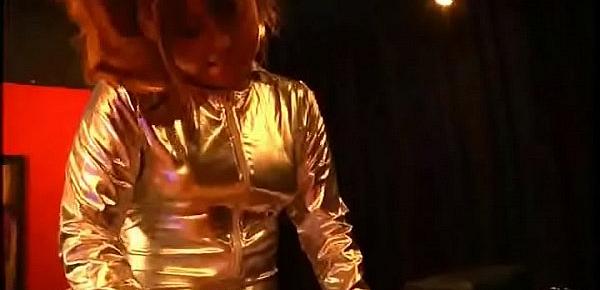  Escort girl in shiny outfit pegging business man